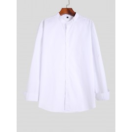 Trendy Men's Casual Solid Long Sleeve Shirt With Mandarin Collar Design, Men's Shirt For Summer, Tops For Men, Gift For Men Trendy Men's Casual Solid Long Sleeve Shirt With Mandarin Collar Design, Men's Shirt For Summer, Tops For Men, Gift For Men