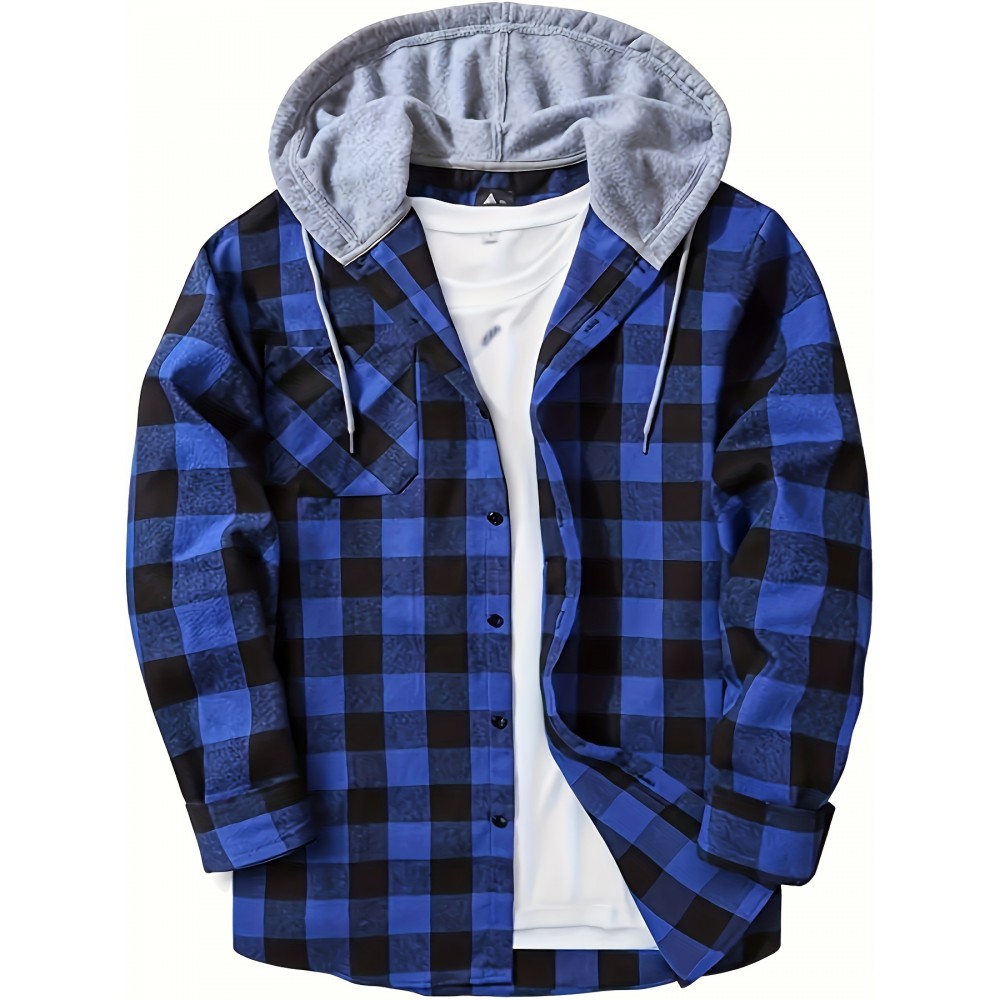 Plaid Pattern Men's Long Sleeve Hooded Shirt Jacket With Chest Pocket, Men's Casual Fall Winter Outwear Plaid Pattern Men's Long Sleeve Hooded Shirt Jacket With Chest Pocket, Men's Casual Fall Winter Outwear
