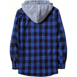 Plaid Pattern Men's Long Sleeve Hooded Shirt Jacket With Chest Pocket, Men's Casual Fall Winter Outwear Plaid Pattern Men's Long Sleeve Hooded Shirt Jacket With Chest Pocket, Men's Casual Fall Winter Outwear