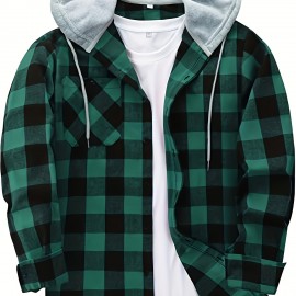 Plaid Pattern Men's Long Sleeve Hooded Shirt Jacket With Chest Pocket, Men's Casual Fall Winter Outwear Plaid Pattern Men's Long Sleeve Hooded Shirt Jacket With Chest Pocket, Men's Casual Fall Winter Outwear