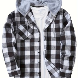 Plaid Pattern Men's Long Sleeve Hooded Shirt Jacket With Chest Pocket, Men's Casual Fall Winter Outwear Plaid Pattern Men's Long Sleeve Hooded Shirt Jacket With Chest Pocket, Men's Casual Fall Winter Outwear