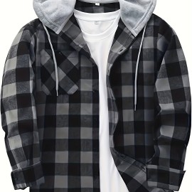 Plaid Pattern Men's Long Sleeve Hooded Shirt Jacket With Chest Pocket, Men's Casual Fall Winter Outwear Plaid Pattern Men's Long Sleeve Hooded Shirt Jacket With Chest Pocket, Men's Casual Fall Winter Outwear