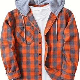 Plaid Pattern Men's Long Sleeve Hooded Shirt Jacket With Chest Pocket, Men's Casual Fall Winter Outwear Plaid Pattern Men's Long Sleeve Hooded Shirt Jacket With Chest Pocket, Men's Casual Fall Winter Outwear