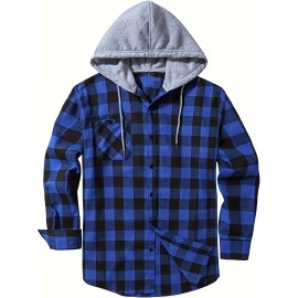 Plaid Pattern Men's Long Sleeve Hooded Shirt Jacket With Chest Pocket, Men's Casual Fall Winter Outwear Plaid Pattern Men's Long Sleeve Hooded Shirt Jacket With Chest Pocket, Men's Casual Fall Winter Outwear