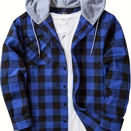 Plaid Pattern Men's Long Sleeve Hooded Shirt Jacket With Chest Pocket, Men's Casual Fall Winter Outwear Plaid Pattern Men's Long Sleeve Hooded Shirt Jacket With Chest Pocket, Men's Casual Fall Winter Outwear