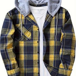 Plaid Pattern Men's Long Sleeve Hooded Shirt Jacket With Chest Pocket, Men's Casual Fall Winter Outwear Plaid Pattern Men's Long Sleeve Hooded Shirt Jacket With Chest Pocket, Men's Casual Fall Winter Outwear