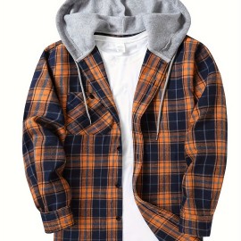 Plaid Pattern Men's Long Sleeve Hooded Shirt Jacket With Chest Pocket, Men's Casual Fall Winter Outwear Plaid Pattern Men's Long Sleeve Hooded Shirt Jacket With Chest Pocket, Men's Casual Fall Winter Outwear