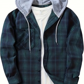 Plaid Pattern Men's Long Sleeve Hooded Shirt Jacket With Chest Pocket, Men's Casual Fall Winter Outwear Plaid Pattern Men's Long Sleeve Hooded Shirt Jacket With Chest Pocket, Men's Casual Fall Winter Outwear