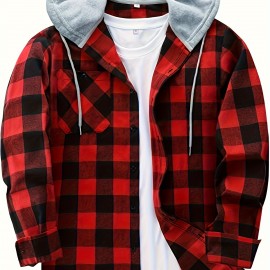 Plaid Pattern Men's Long Sleeve Hooded Shirt Jacket With Chest Pocket, Men's Casual Fall Winter Outwear Plaid Pattern Men's Long Sleeve Hooded Shirt Jacket With Chest Pocket, Men's Casual Fall Winter Outwear