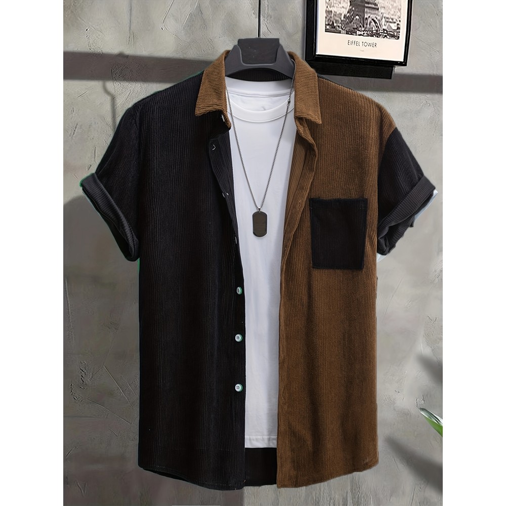 Men's Trendy Splicing Casual Short Sleeve Shirt With Chest Pocket, Men's Shirt For Summer Vacation Resort, Tops For Men, Gift For Men Men's Trendy Splicing Casual Short Sleeve Shirt With Chest Pocket, Men's Shirt For Summer Vacation Resort, Tops For Men, Gift For Men