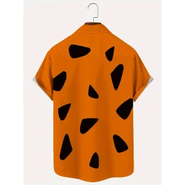 Retro Anime Print Men's Short Sleeve Pocket Lapel Shirt, Men's Trendy Button Up Tops For Summer Outdoor, Perfect Wear For Halloween