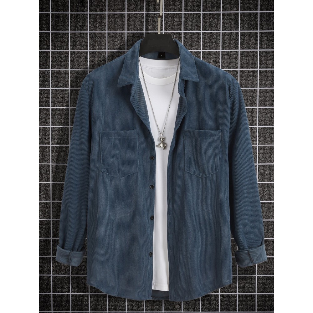 Solid Men's Corduroy Long Sleeve Casual Lapel Shirt With Pockets For Spring Fall Outdoor Solid Men's Corduroy Long Sleeve Casual Lapel Shirt With Pockets For Spring Fall Outdoor