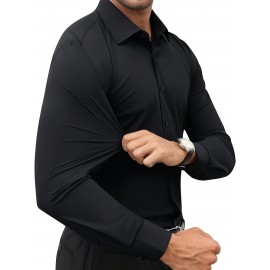 Basic Solid Men's Daily Stretch Formal Dress, Men's Slim Fit Long Sleeve Button Up Shirt, Spring Fall Basic Solid Men's Daily Stretch Formal Dress, Men's Slim Fit Long Sleeve Button Up Shirt, Spring Fall