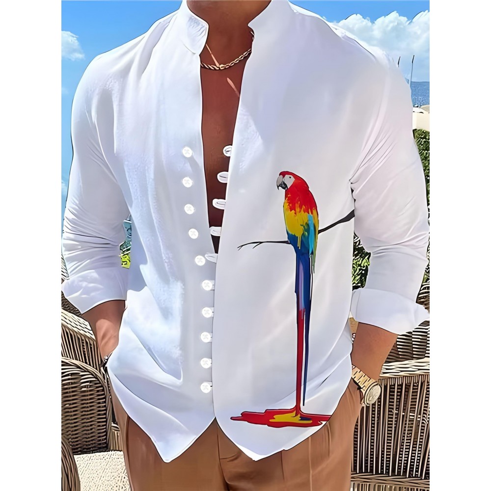 Parrot 3D Pattern Print Men's Casual Long Sleeve Shirt, Men's Shirt For Spring Summer Autumn, Tops For Men Parrot 3D Pattern Print Men's Casual Long Sleeve Shirt, Men's Shirt For Spring Summer Autumn, Tops For Men