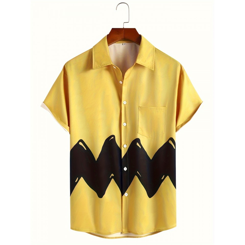 Trendy Comic Style Print Men's Casual Short Sleeve Shirt With Chest Pocket, Men's Shirt For Summer Vacation Resort, Tops For Men, Gift For Men Trendy Comic Style Print Men's Casual Short Sleeve Shirt With Chest Pocket, Men's Shirt For Summer Vacation Resort, Tops For Men, Gift For Men