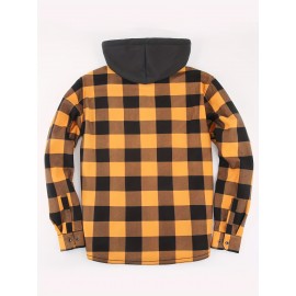 Plaid Pattern Men's Casual Thick Long Sleeve Hooded Shirt With Pockets, Men's Button Up Shirt For Fall Winter Plaid Pattern Men's Casual Thick Long Sleeve Hooded Shirt With Pockets, Men's Button Up Shirt For Fall Winter