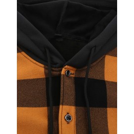 Plaid Pattern Men's Casual Thick Long Sleeve Hooded Shirt With Pockets, Men's Button Up Shirt For Fall Winter Plaid Pattern Men's Casual Thick Long Sleeve Hooded Shirt With Pockets, Men's Button Up Shirt For Fall Winter