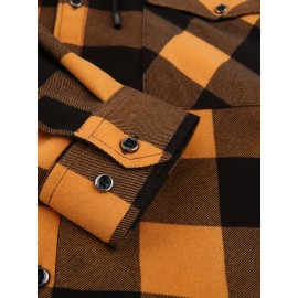 Plaid Pattern Men's Casual Thick Long Sleeve Hooded Shirt With Pockets, Men's Button Up Shirt For Fall Winter Plaid Pattern Men's Casual Thick Long Sleeve Hooded Shirt With Pockets, Men's Button Up Shirt For Fall Winter