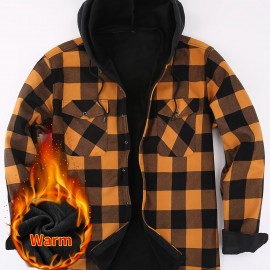 Plaid Pattern Men's Casual Thick Long Sleeve Hooded Shirt With Pockets, Men's Button Up Shirt For Fall Winter Plaid Pattern Men's Casual Thick Long Sleeve Hooded Shirt With Pockets, Men's Button Up Shirt For Fall Winter
