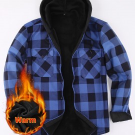 Plaid Pattern Men's Casual Thick Long Sleeve Hooded Shirt With Pockets, Men's Button Up Shirt For Fall Winter Plaid Pattern Men's Casual Thick Long Sleeve Hooded Shirt With Pockets, Men's Button Up Shirt For Fall Winter