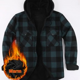 Plaid Pattern Men's Casual Thick Long Sleeve Hooded Shirt With Pockets, Men's Button Up Shirt For Fall Winter Plaid Pattern Men's Casual Thick Long Sleeve Hooded Shirt With Pockets, Men's Button Up Shirt For Fall Winter